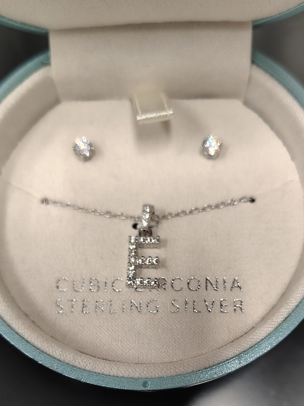 Sterling Silver Cubic Zirconia 'E' Initial Necklace and Stud Earrings - Silver